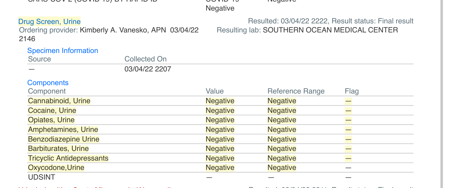 March 4, 2022 Southern Ocean Medical Center urine drug screen showing every listed category as negative