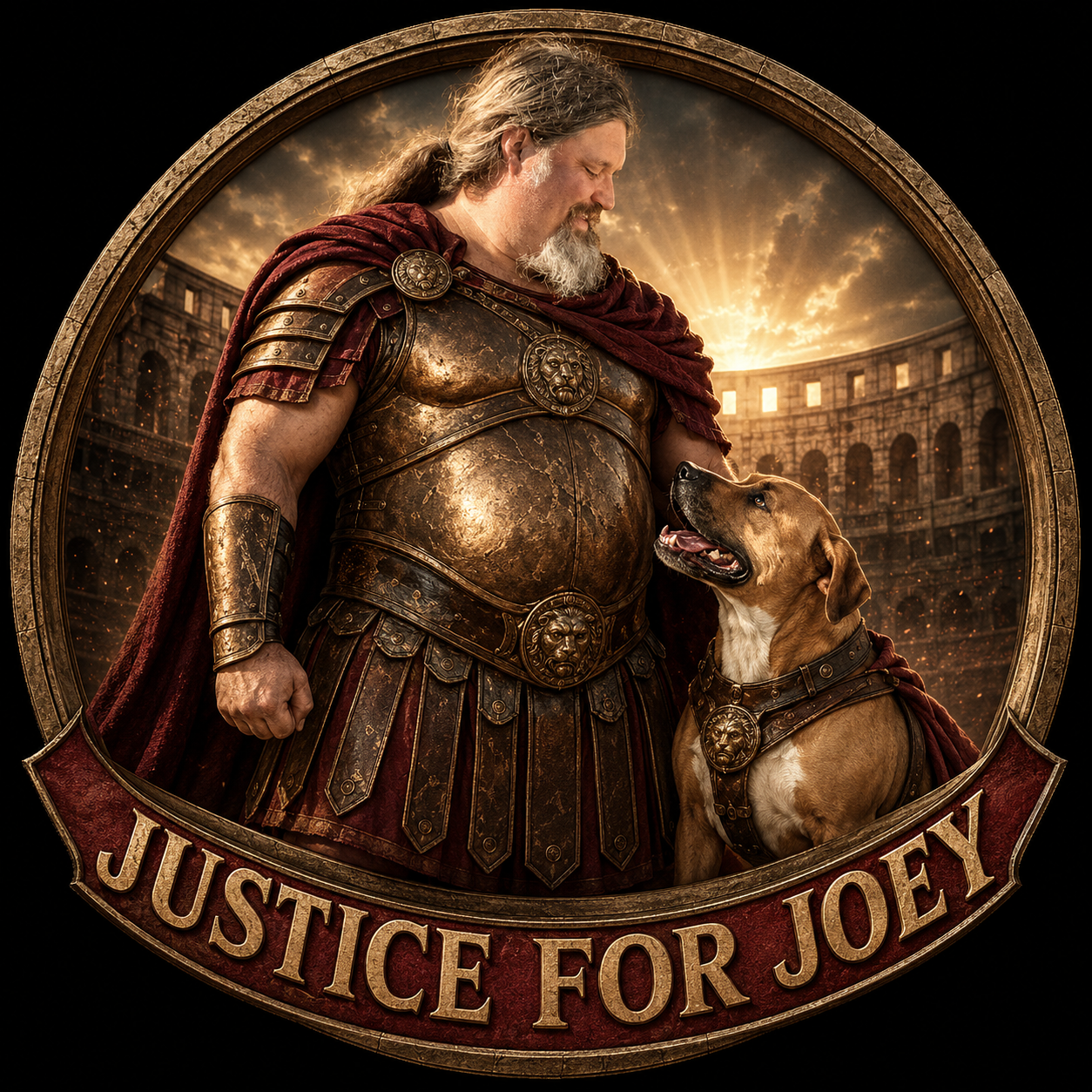 Illustrated Justice for Joey emblem showing Joey and Kubo as loyal gladiator companions